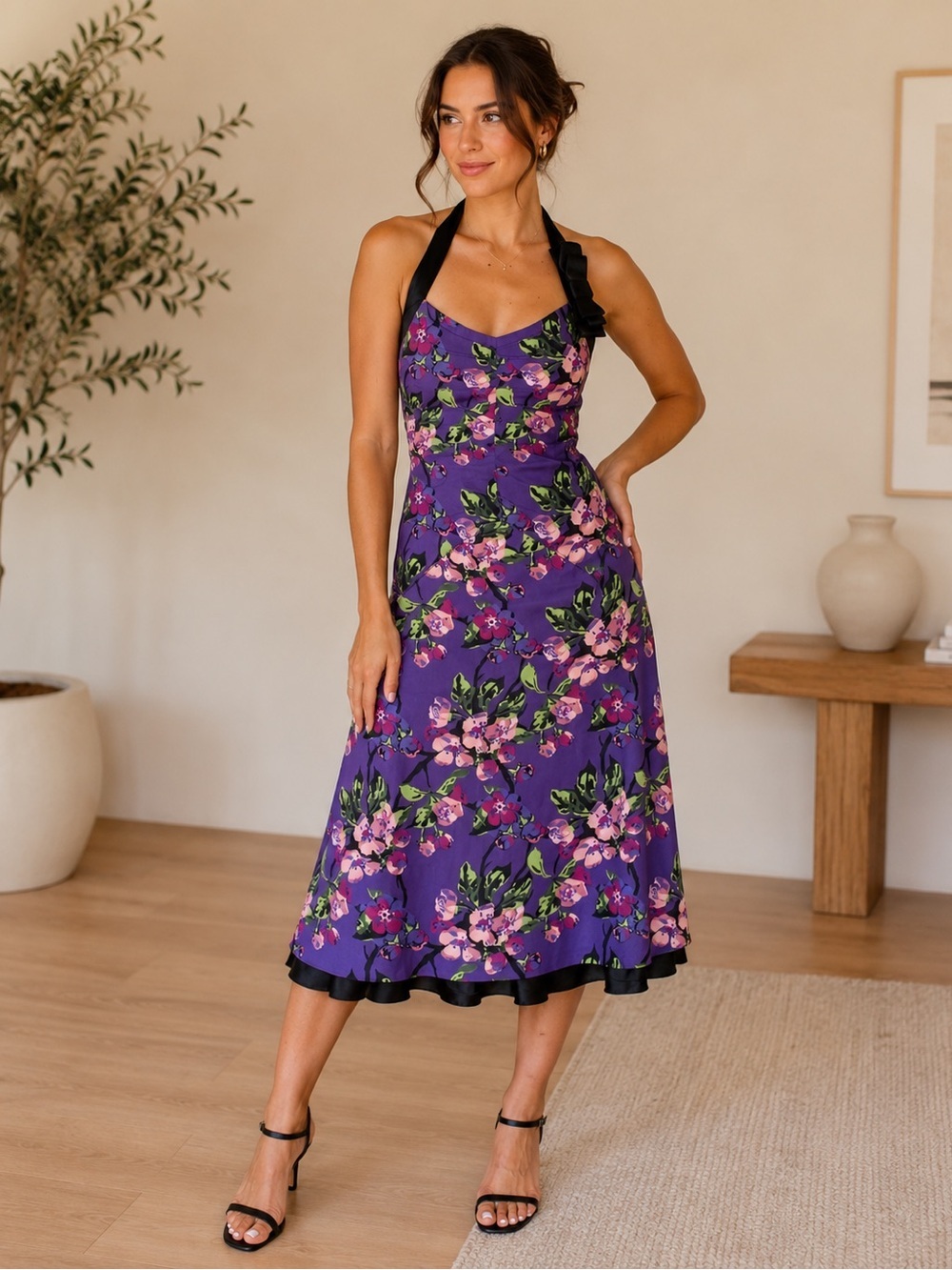 Karen Millen Purple Floral Halter Dress US 10 NWT